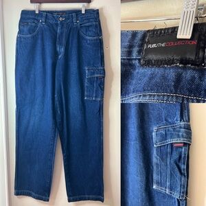 Vintage 90s Y2K Hip Hop baggy Blue Denim Cargo Jeans Fubu The Collection 36/34